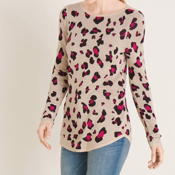 Chico's Textured Tan Pink Leopard Print Bateau-Neck Sweater Large - Picture 1 of 9